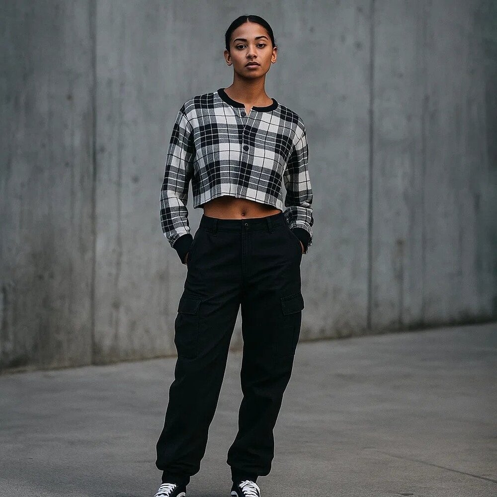 Supreme Black White Plaid Cropped‎ Cotton Long Sleeve Streetwear Henley Shirt M
